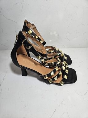Nicole Miller Black Studded Strappy Heels with Gold Accents